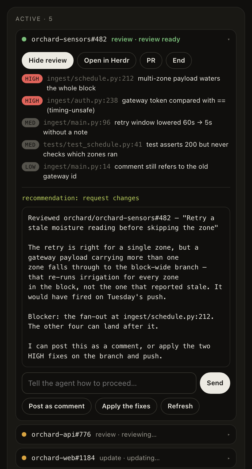 The Active board with a review ready: findings by severity with file and line, a recommendation, the review text, an instruction field, and Post as comment and Apply the fixes